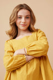 GY6606 Mustard Girls Square Neck Textured Stripe Pleat Detail Dress Detail