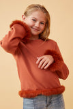 GY6643 Rust Girls Fur Trimmed Long Sleeve Knit Top Front