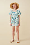 GY6686 Teal Girls Botanical Print Square Neck Romper Full Body