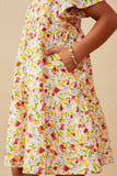 GY6688 OFF WHITE Girls Ditsy Floral V Neck Flutter Sleeve Dress Detail