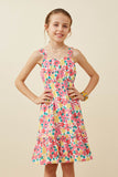 GY6723 PINK Girls Floral Cinch Waist Poplin Tank Dress Front