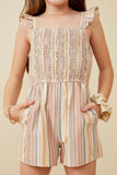 GY6726 RUST Girls Textured Stripe Ruffle Strap Smocked Romper Detail