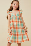 GY6736 Coral Mix Girls Checked Ruffle Strap Tank Shift Dress Front