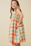 GY6736 Coral Mix Girls Checked Ruffle Strap Tank Shift Dress Side