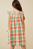 GY6736 Coral Mix Girls Checked Ruffle Strap Tank Shift Dress Back