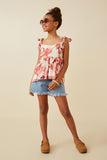 GY6741 Red Girls Textured Floral Tie Shoulder Hankerchief Top Full Body