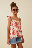 GY6741 Red Girls Textured Floral Tie Shoulder Hankerchief Top Front 2