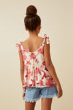 GY6741 Red Girls Textured Floral Tie Shoulder Hankerchief Top Back