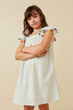 GY6743 Blue Girls Striped Gumball Pompom Flutter Sleeve Dress Front