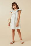 GY6743 Blue Girls Striped Gumball Pompom Flutter Sleeve Dress Pose