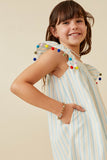 GY6743 Blue Girls Striped Gumball Pompom Flutter Sleeve Dress Side