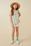 GY6749 Green Girls Botanical Print Square Neck Handerchief Tank Full Body