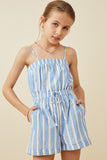 GY6751 Blue Girls Tie Detail Striped Tank Romper Front