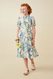 GY6773 Blue Girls Textured Floral Ruffle Neck Short Sleeve Dress Full Body