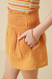 GY6787 Apricot Girls Textured Acid Wash Smocked Short Side