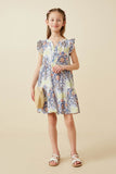 GY6823 Blue Girls Textured Floral Mandala Print Ruffled Tank Dress Full Body