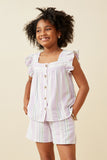 Striped Square Neck Ruffled Button Top