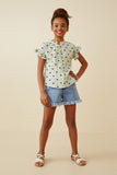 GY6876 MINT Girls Textured Floral Print Ruffle Collar Shirt Full Body