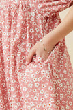 GY6892 Pink Girls Ditsy Floral Square Neck Poplin Dress Detail