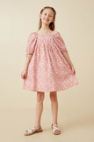 GY6892 Pink Girls Ditsy Floral Square Neck Poplin Dress Full Body