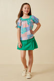 GY6900 Green Girls Vivid Patch Print Lace Trimmed Square Neck Top Full Body