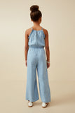 GY6952 Light Denim Girls Ruffled Halter Wideleg Denim Tencel Jumpsuit Back