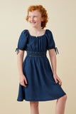 GY6955 Dark Denim Girls Smocked Waist Tie Sleeve Denim Tencel Dress Front