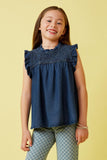 GY6958 Dark Denim Girls Ruffle Detailed Smocked Denim Tencel Tank Front