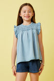 GY6958 Light Denim Girls Ruffle Detailed Smocked Denim Tencel Tank Front