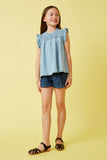 GY6958 Light Denim Girls Ruffle Detailed Smocked Denim Tencel Tank Full Body