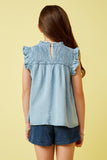 GY6958 Light Denim Girls Ruffle Detailed Smocked Denim Tencel Tank Back