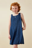 GY6959 Dark Denim Girls Smocked And Stitch Detail Denim Tencel Dress Front