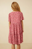 GY6971 Pink Girls Ditsy Floral Buttoned V Neck Tier Dress Back