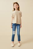 GY7051 Beige Girls Textured Pleated V Neck Dolman Sleeve Top Full Body