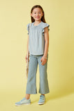 GY7080 Blue Girls Smocked Yoke Ruffle Shoulder Knit Top Full Body