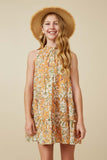 Girls Floral Print Ruffled Neck Tiered Tank Dress Front