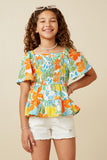 GY7159 Blue Mix Girls Resort Floral Smocked Peplum Top Back