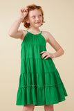 GY7188 Green Girls Tiered Ruffle Seamed Cami Dress Front