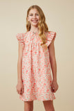 GY7191 Coral Girls Ditsy Floral Tie Detail Ruffled Puff Sleeve Dress Front