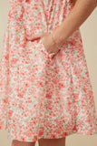 GY7191 Coral Girls Ditsy Floral Tie Detail Ruffled Puff Sleeve Dress Side