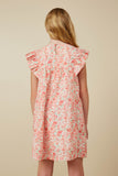 GY7191 Coral Girls Ditsy Floral Tie Detail Ruffled Puff Sleeve Dress Back