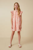 GY7191 Coral Girls Ditsy Floral Tie Detail Ruffled Puff Sleeve Dress Full Body