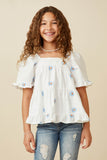 GY7224 Blue Girls All Over Daisy Embroidered Square Neck Top Front