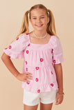 GY7224 Pink Girls All Over Daisy Embroidered Square Neck Top Front