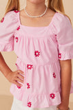 GY7224 Pink Girls All Over Daisy Embroidered Square Neck Top Detail