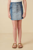 GY7232 Mid Denim Girls Paperbag Waist Washed Panel Denim Skirt Front