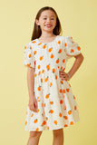 Orange Print Textured Ruffle Sleeve Dress