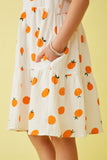 GY7272 Off White Girls Orange Print Textured Ruffle Sleeve Dress Detail