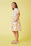 GY7272 Off White Girls Orange Print Textured Ruffle Sleeve Dress Side