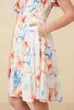 GY7284 Off White Girls Textured Romantic Floral Smocked Puff Sleeve Dress Side